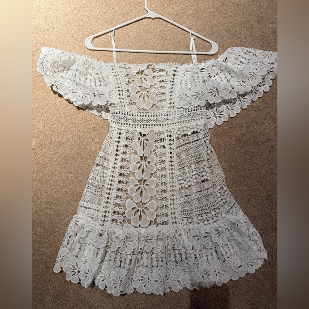 White Crochet Off-Shoulder Mini Dress